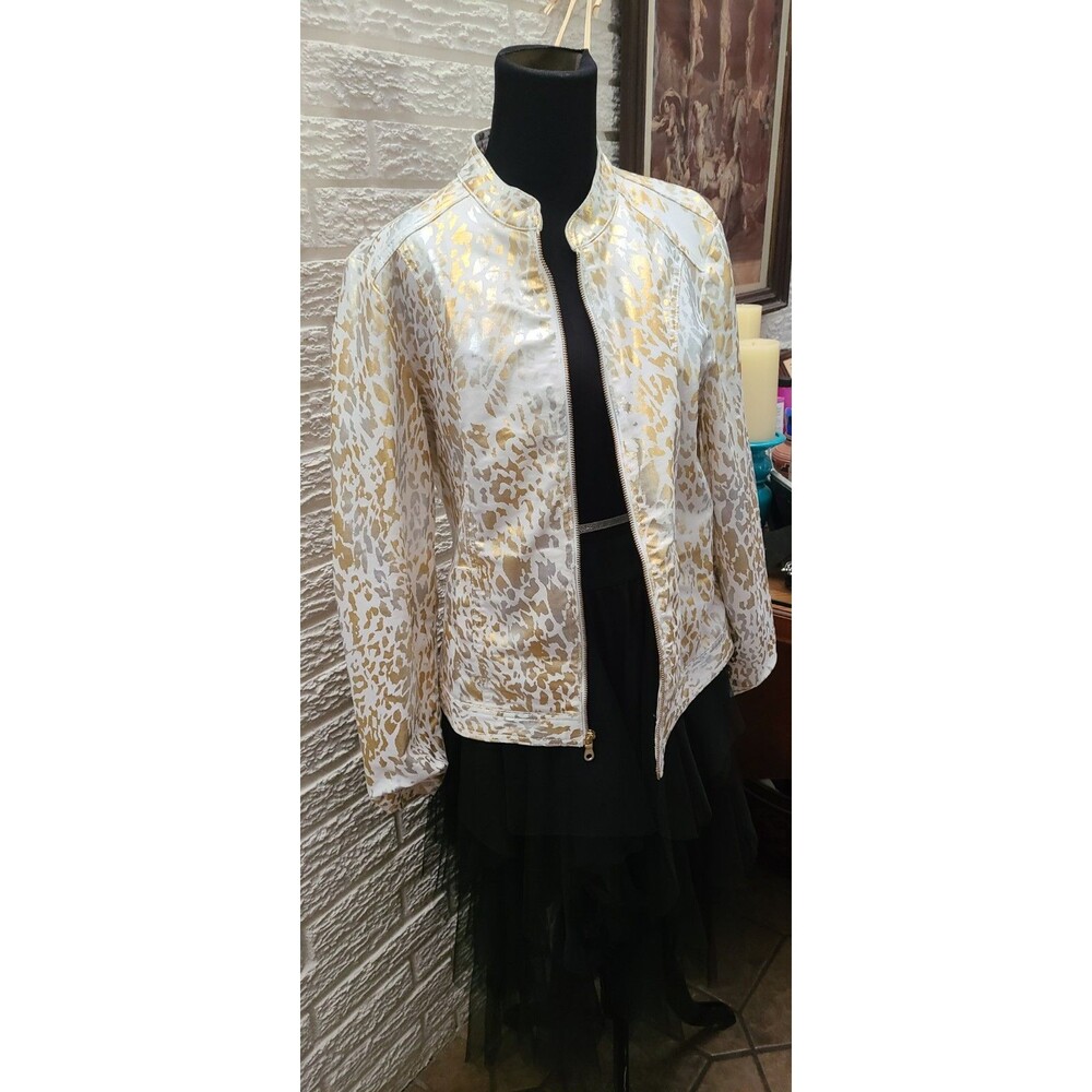 Chico's Moto Jacket Foiled Metallic Animal Gold Silver Zipper Size 2  Worn 1